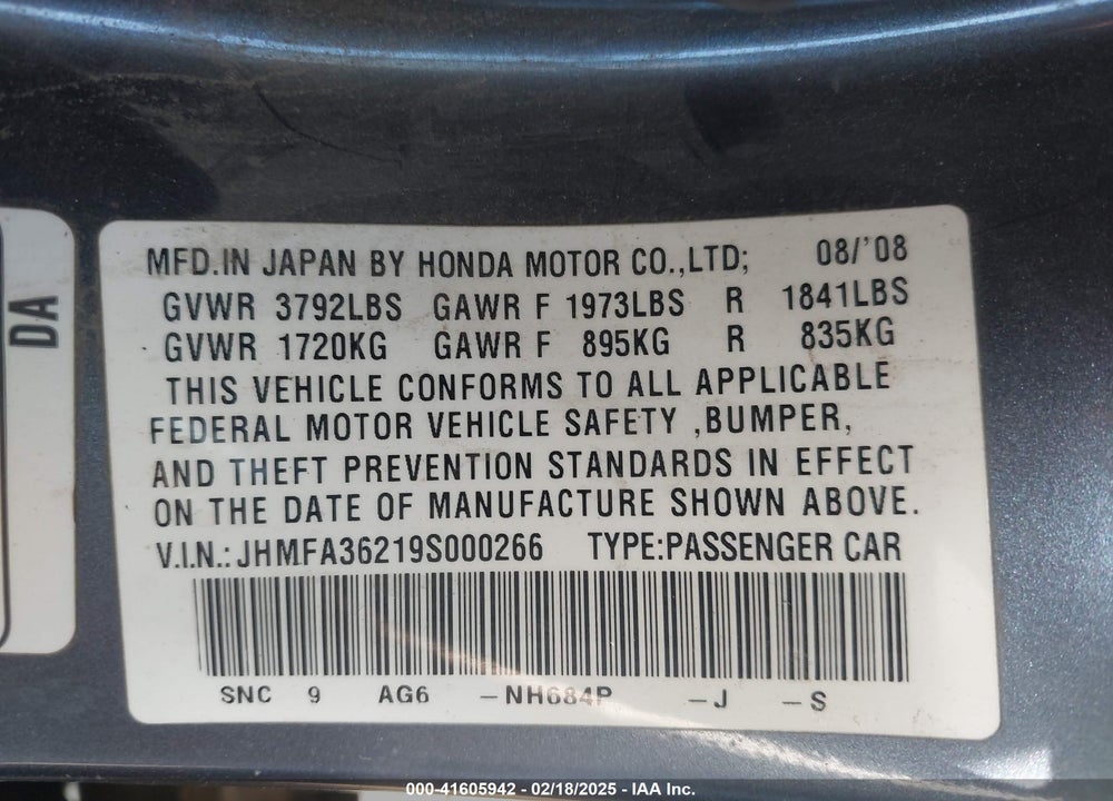 2009 HONDA CIVIC HYBRID VIN: JHMFA36219S000266