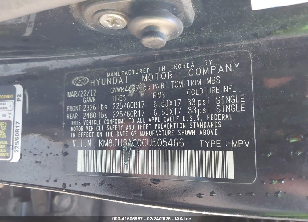 2012 HYUNDAI TUCSON GLS VIN: KM8JU3AC0CU505466