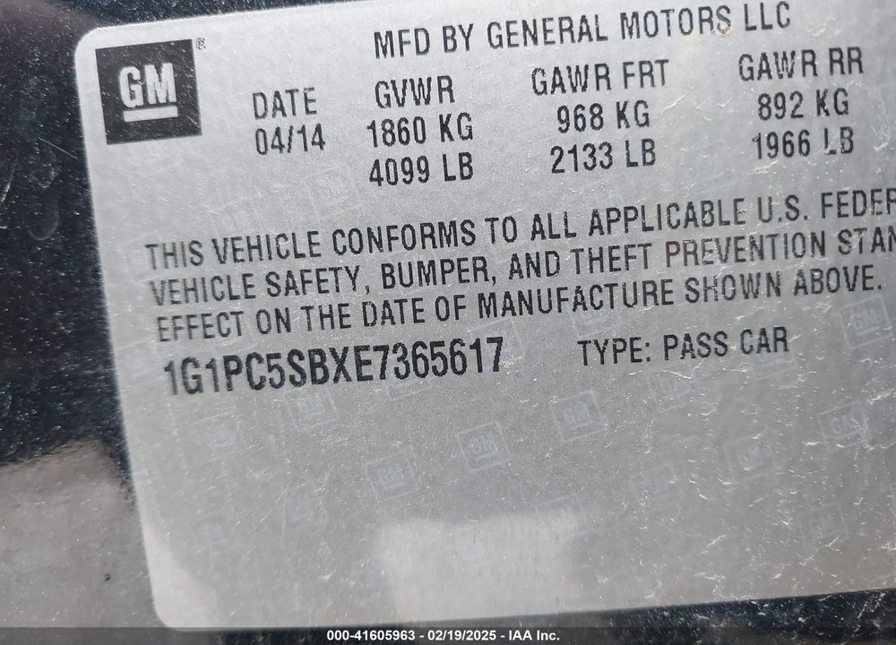 2014 CHEVROLET CRUZE VIN: 1G1PC5SBXE7365617