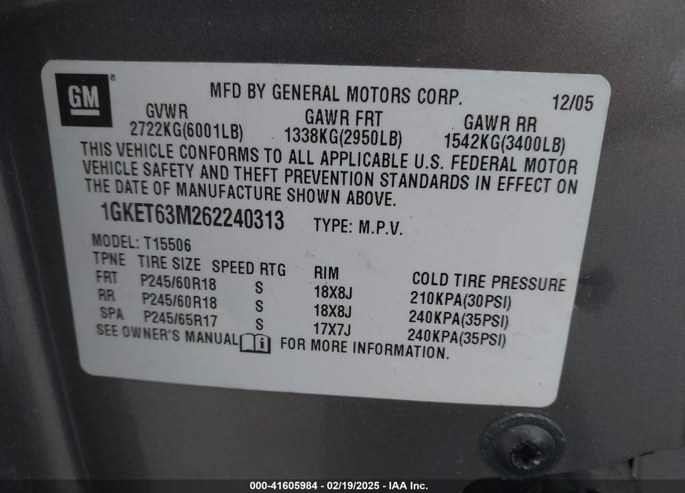 2006 GMC ENVOY DENALI VIN: 1GKET63M262240313