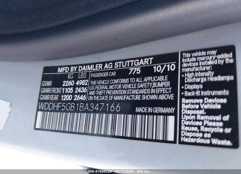 2011 MERCEDES-BENZ E 350 VIN: WDDHF5GB1BA347166