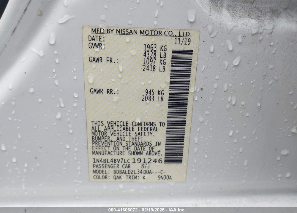 2020 NISSAN ALTIMA S FWD VIN: 1N4BL4BV7LC191246