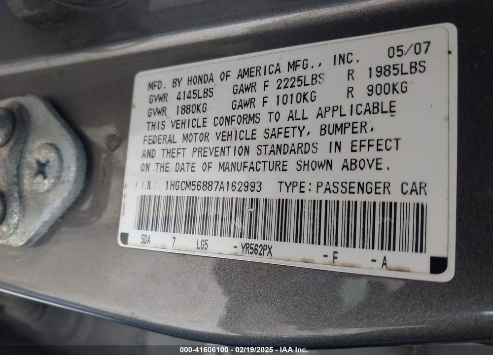 2007 HONDA ACCORD VIN: 1HGCM56887A162993