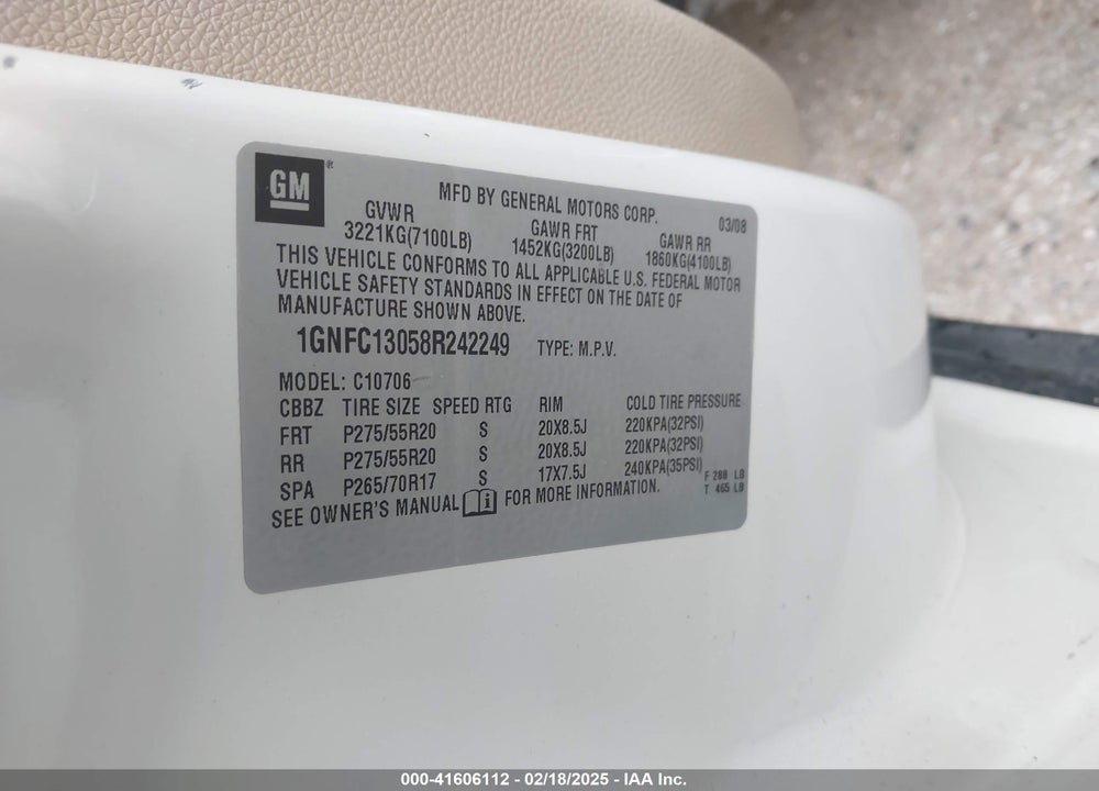 2008 CHEVROLET TAHOE VIN: 1GNFC13058R242249