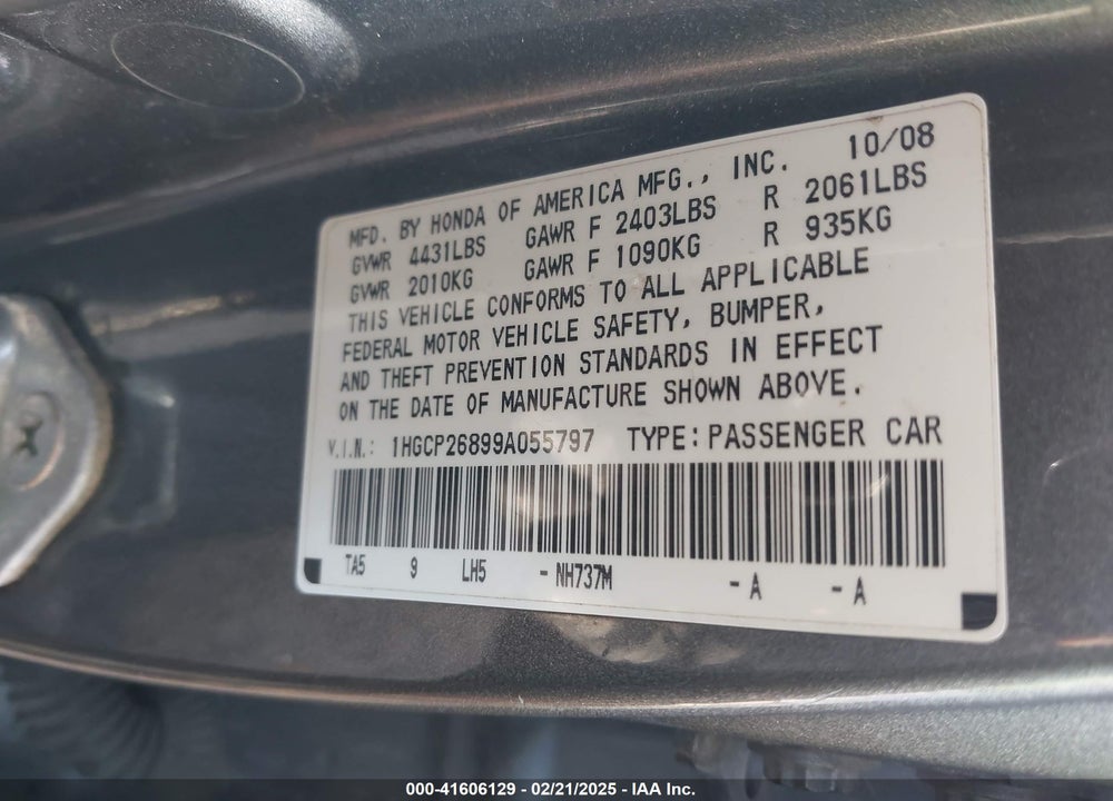 2009 HONDA ACCORD VIN: 1HGCP26899A055797