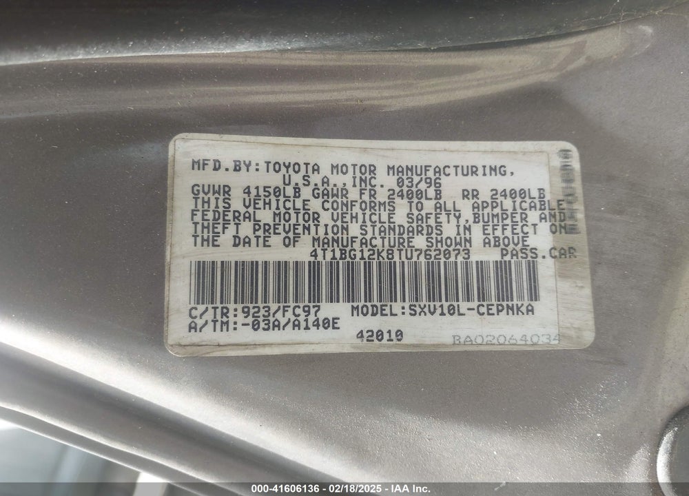 1996 TOYOTA CAMRY DX/LE/XLE VIN: 4T1BG12K8TU762073