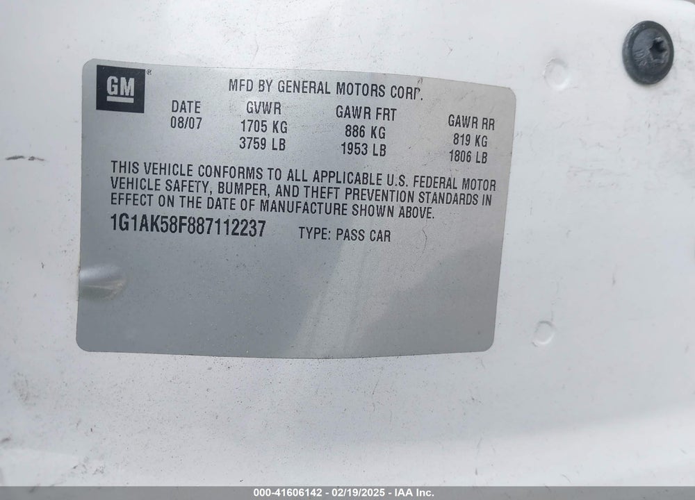 2008 CHEVROLET COBALT LS VIN: 1G1AK58F887112237