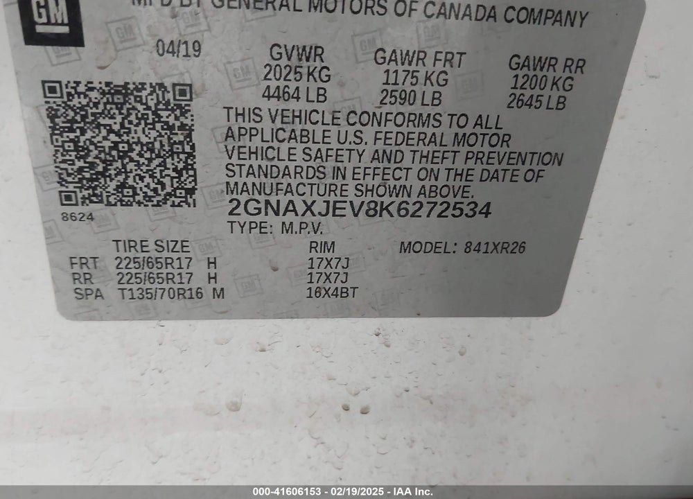 2019 CHEVROLET EQUINOX LT VIN: 2GNAXJEV8K6272534