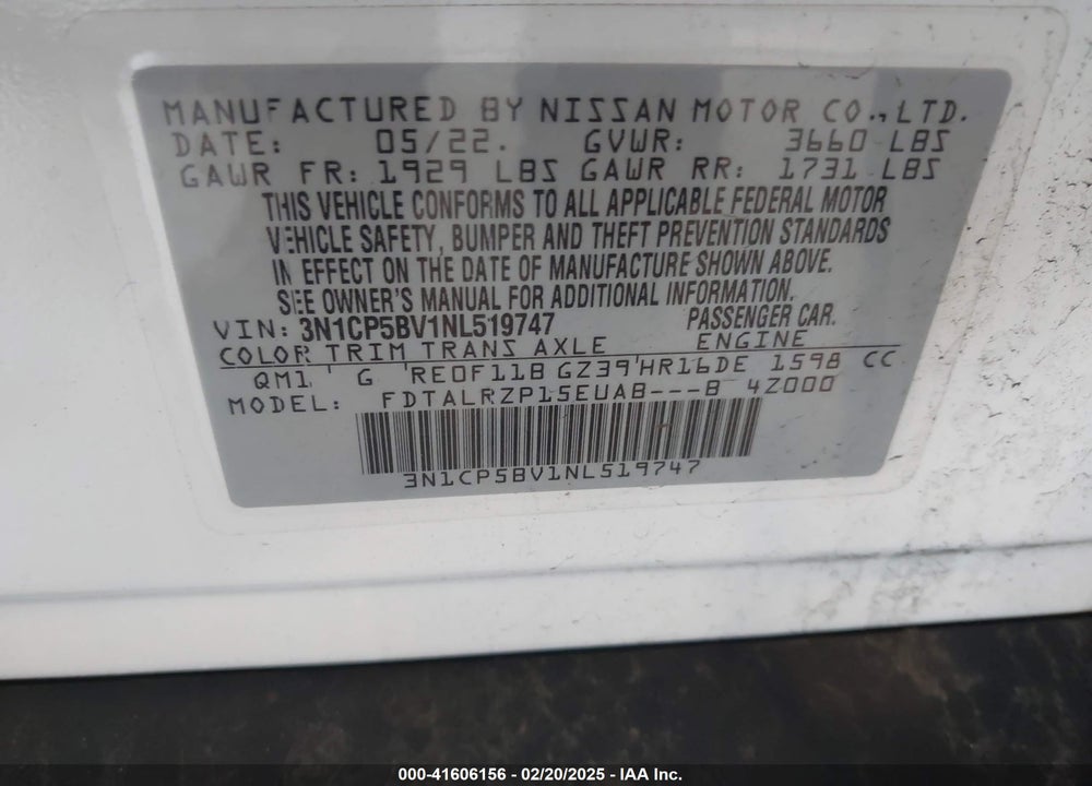 2022 NISSAN KICKS S XTRONIC CVT VIN: 3N1CP5BV1NL519747