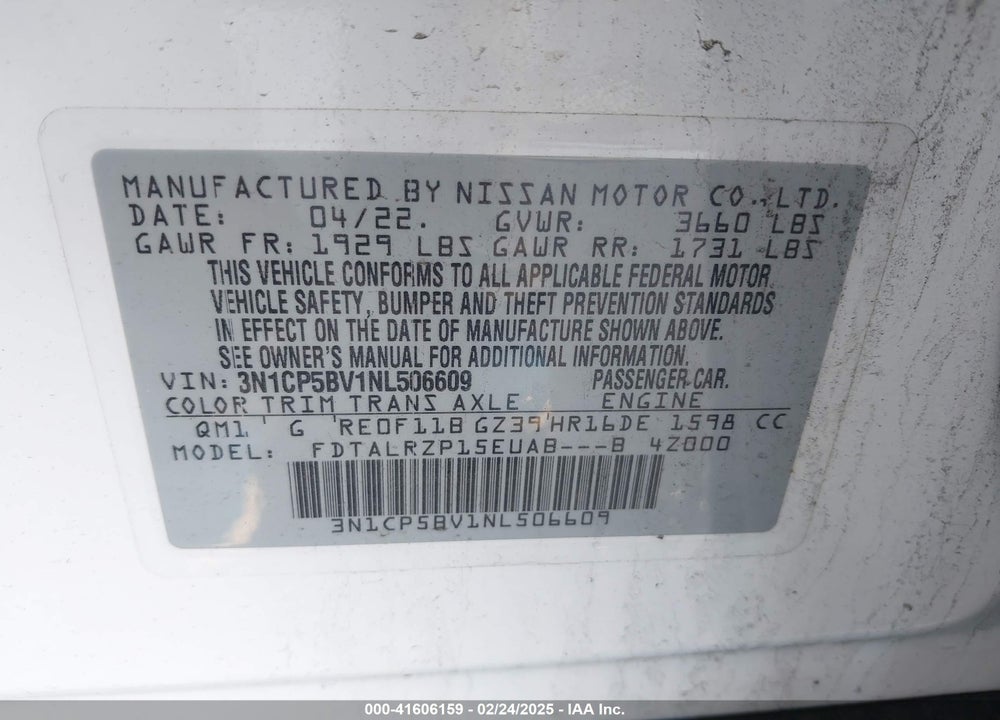 2022 NISSAN KICKS S XTRONIC CVT VIN: 3N1CP5BV1NL506609
