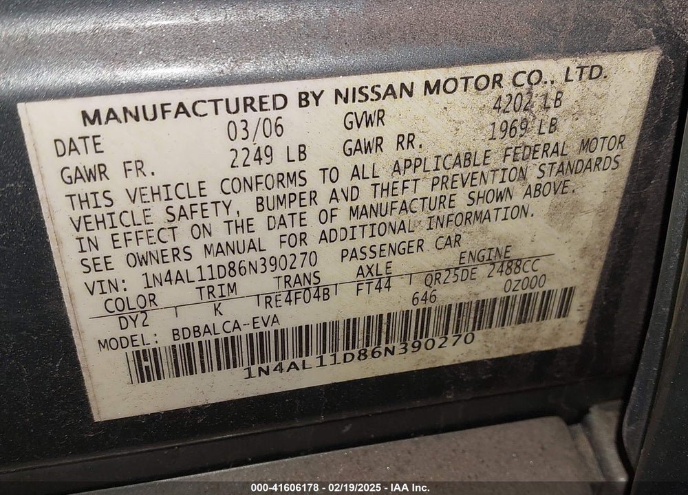 2006 NISSAN ALTIMA VIN: 1N4AL11D86N390270