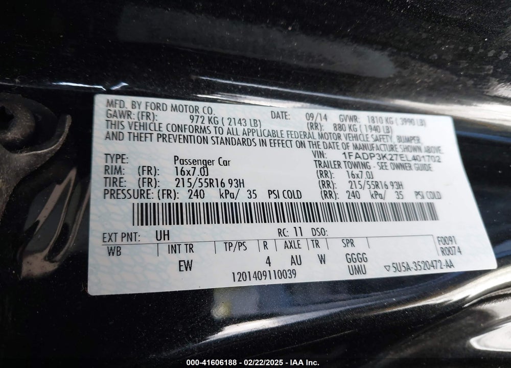 2014 FORD FOCUS VIN: 1FADP3K27EL401702