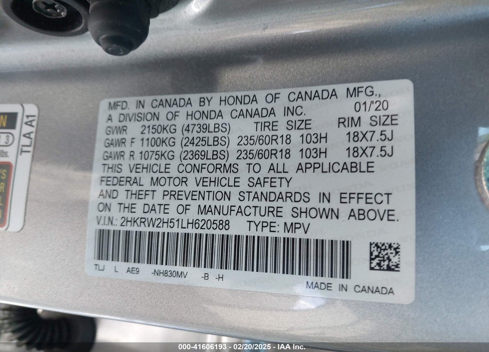 2020 HONDA CR-V AWD EX VIN: 2HKRW2H51LH620588