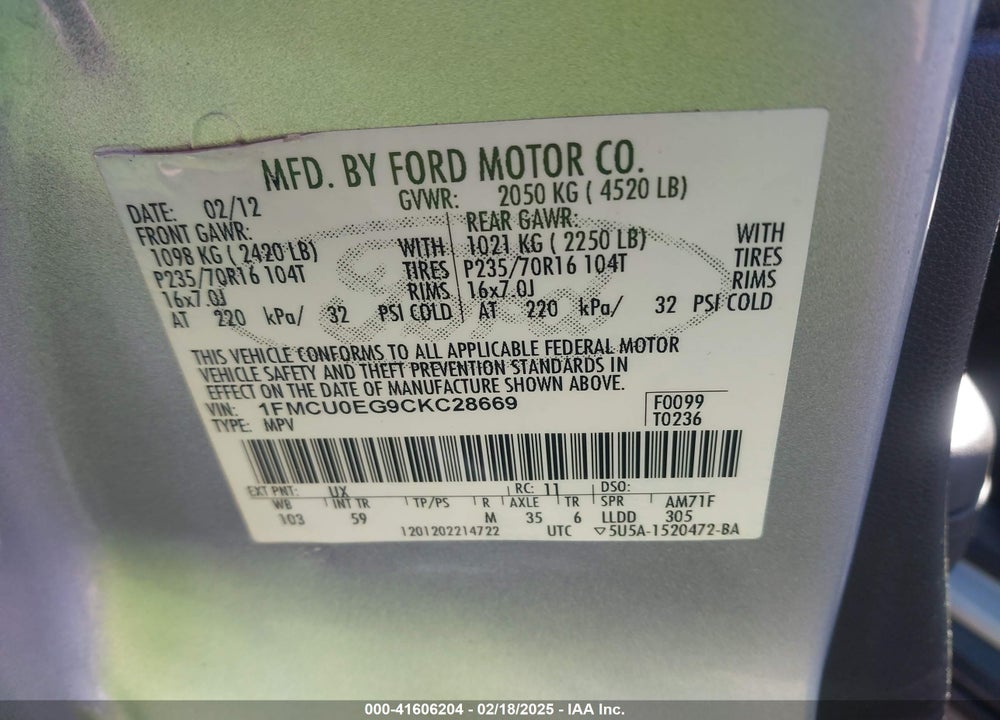 2012 FORD ESCAPE LIMITED VIN: 1FMCU0EG9CKC28669