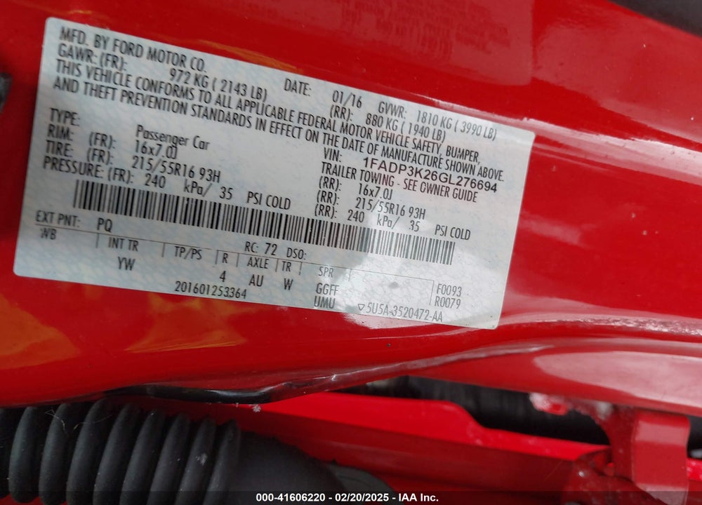 2016 FORD FOCUS VIN: 1FADP3K26GL276694