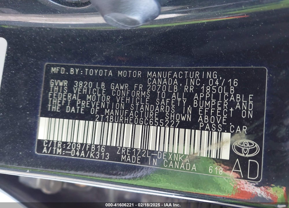 2016 TOYOTA COROLLA LE VIN: 2T1BURHE0GC655227