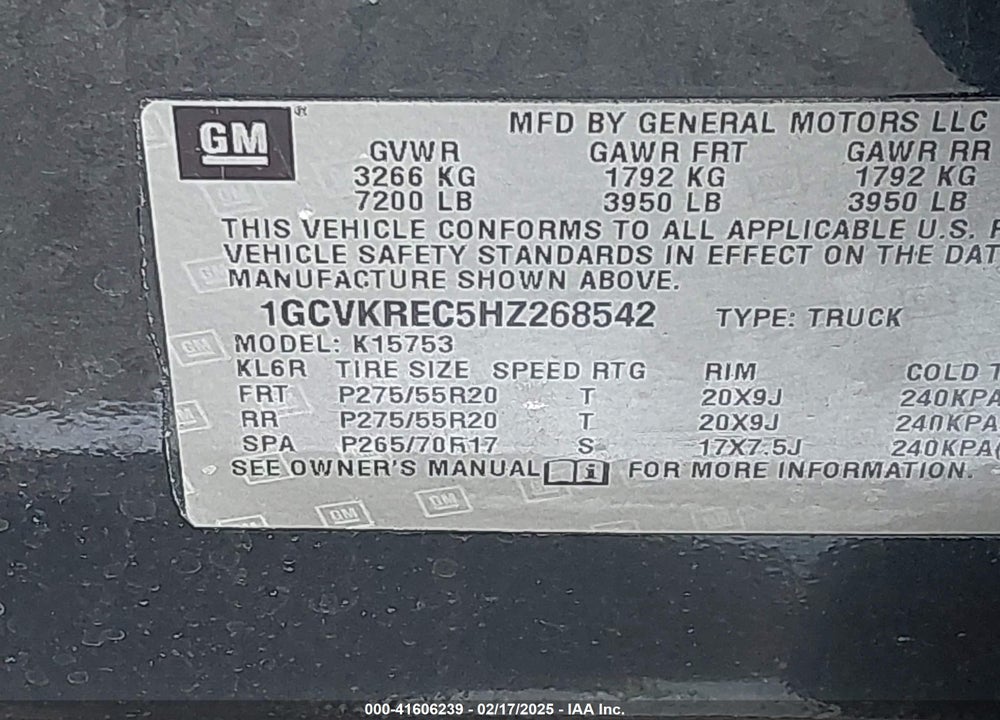 2017 CHEVROLET SILVERADO 1500 1LT VIN: 1GCVKREC5HZ268542