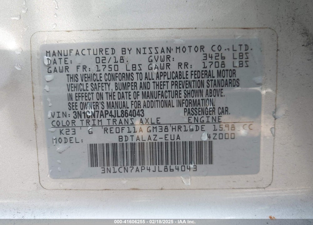 2018 NISSAN VERSA VIN: 3N1CN7AP4JL864043
