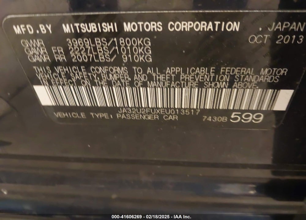 2014 MITSUBISHI LANCER VIN: JA32U2FUXEU013517