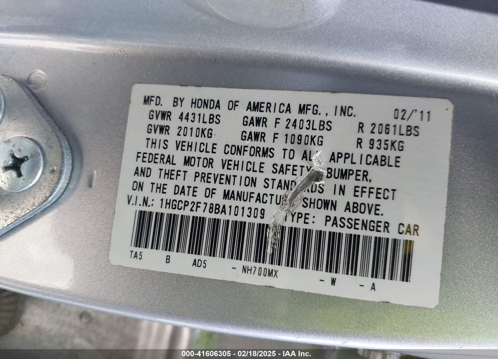 2011 HONDA ACCORD VIN: 1HGCP2F78BA101309