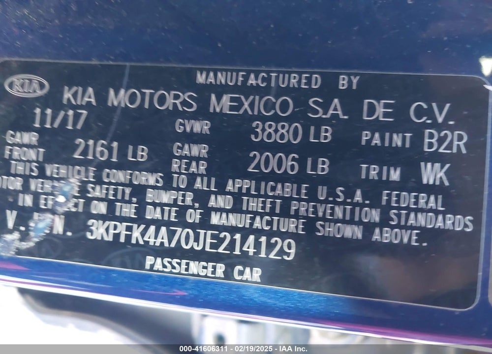 2018 KIA FORTE VIN: 3KPFK4A70JE214129