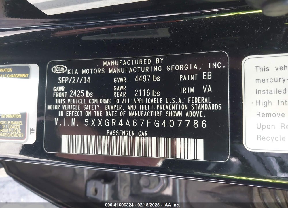 2015 KIA OPTIMA VIN: 5XXGR4A67FG407786