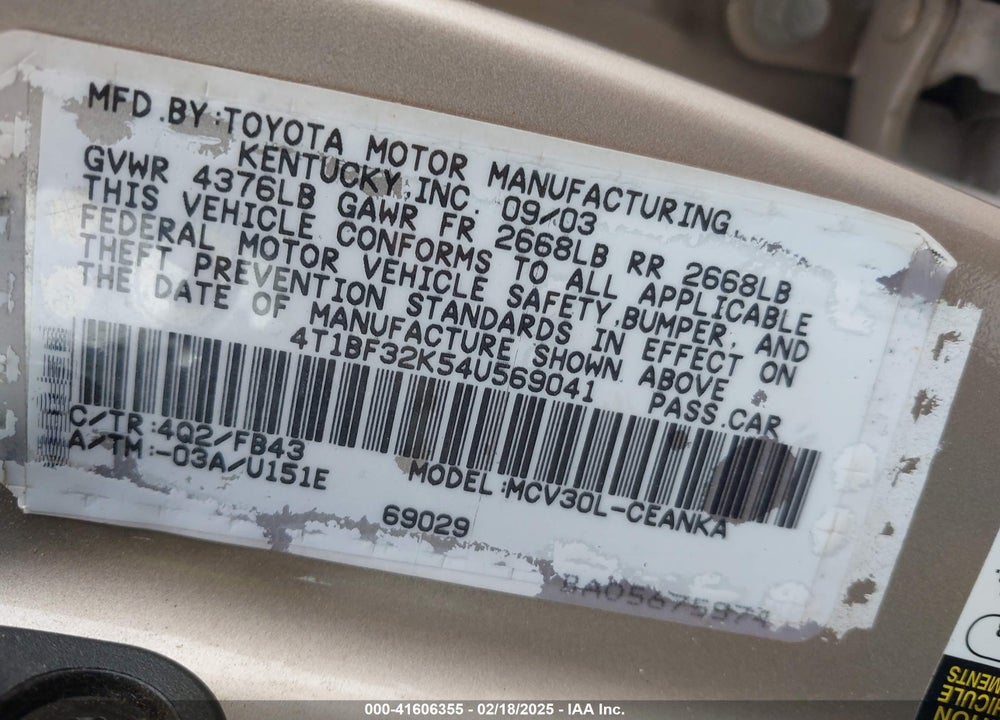 2004 TOYOTA CAMRY LE V6 VIN: 4T1BF32K54U569041