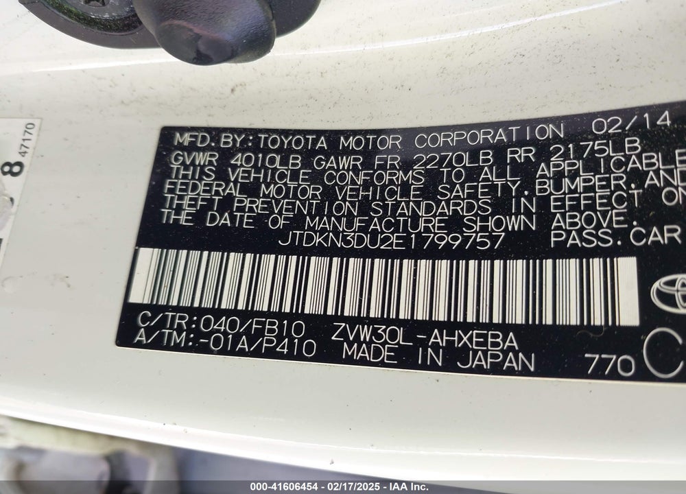 2014 TOYOTA PRIUS VIN: JTDKN3DU2E1799757