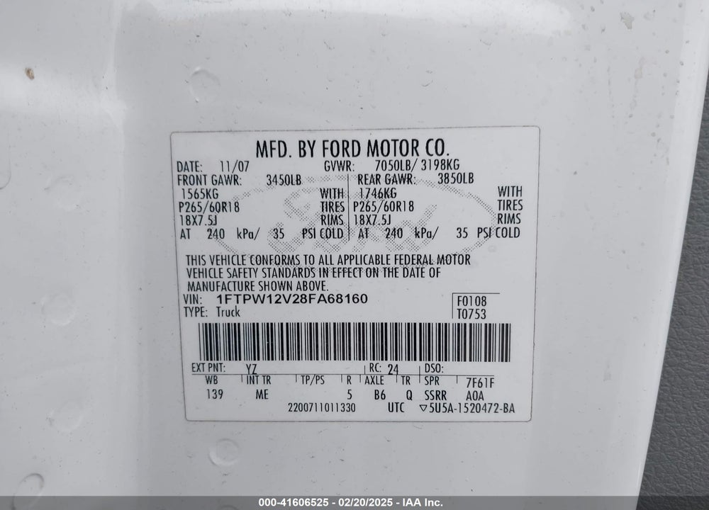 2008 FORD F-150 VIN: 1FTPW12V28FA68160