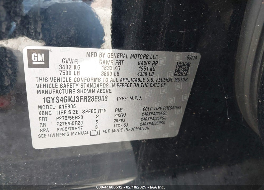 2015 CADILLAC ESCALADE ESV STANDARD VIN: 1GYS4GKJ3FR286906