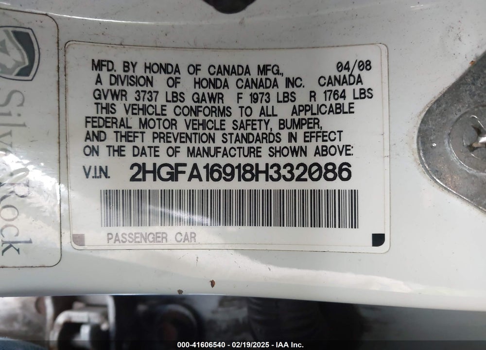 2008 HONDA CIVIC VIN: 2HGFA16918H332086