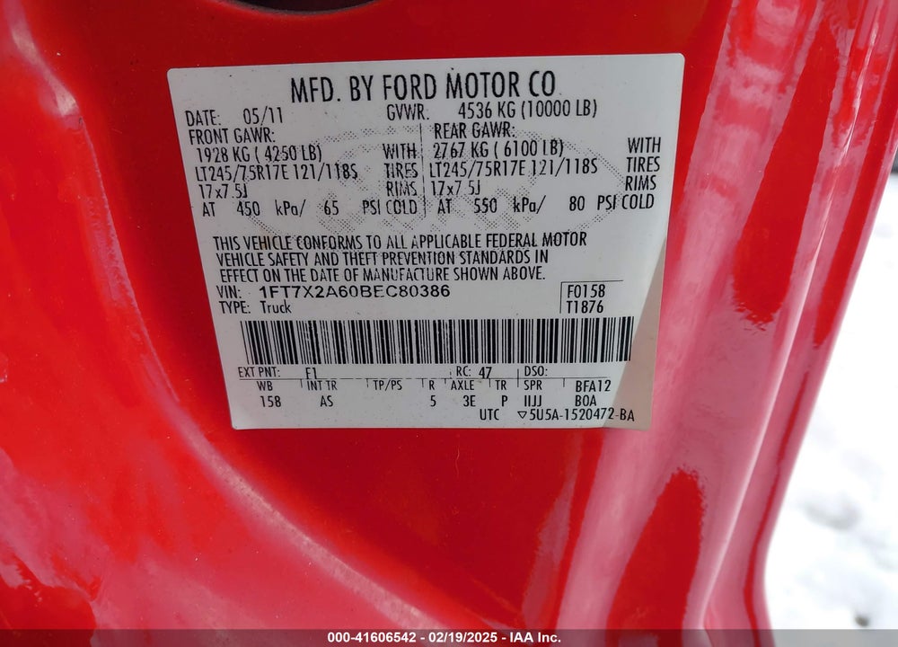 2011 FORD F-250 XL VIN: 1FT7X2A60BEC80386