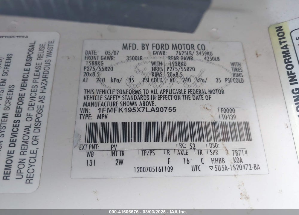 2007 FORD EXPEDITION EL VIN: 1FMFK195X7LA90755