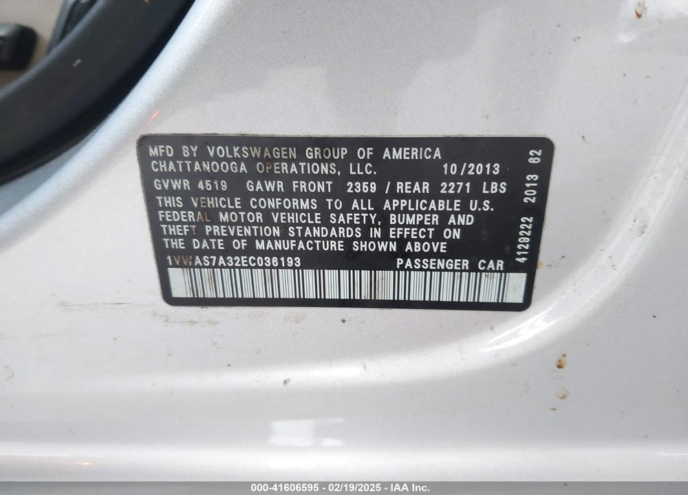 2014 VOLKSWAGEN PASSAT VIN: 1VWAS7A32EC036193
