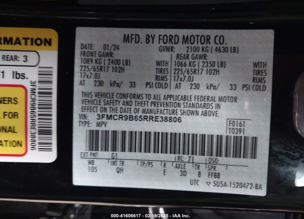 2024 FORD BRONCO SPORT BIG BEND VIN: 3FMCR9B65RRE38806