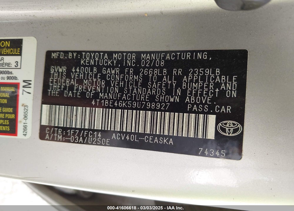2009 TOYOTA CAMRY VIN: 4T1BE46K59U798927