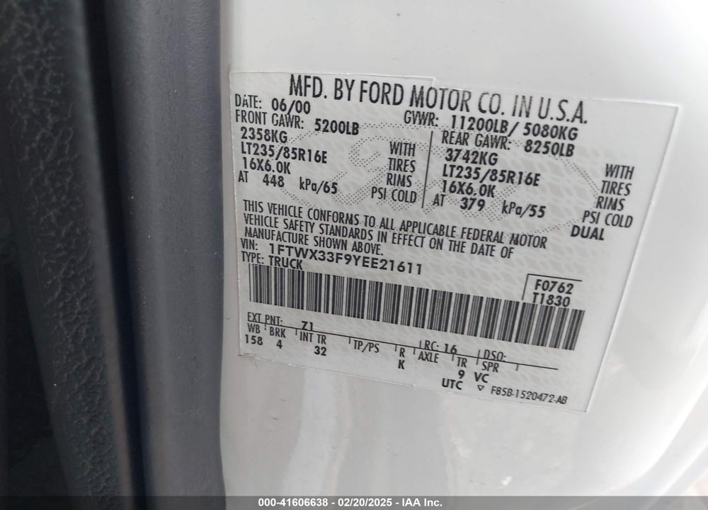 2000 FORD F-350 LARIAT/XL/XLT VIN: 1FTWX33F9YEE21611