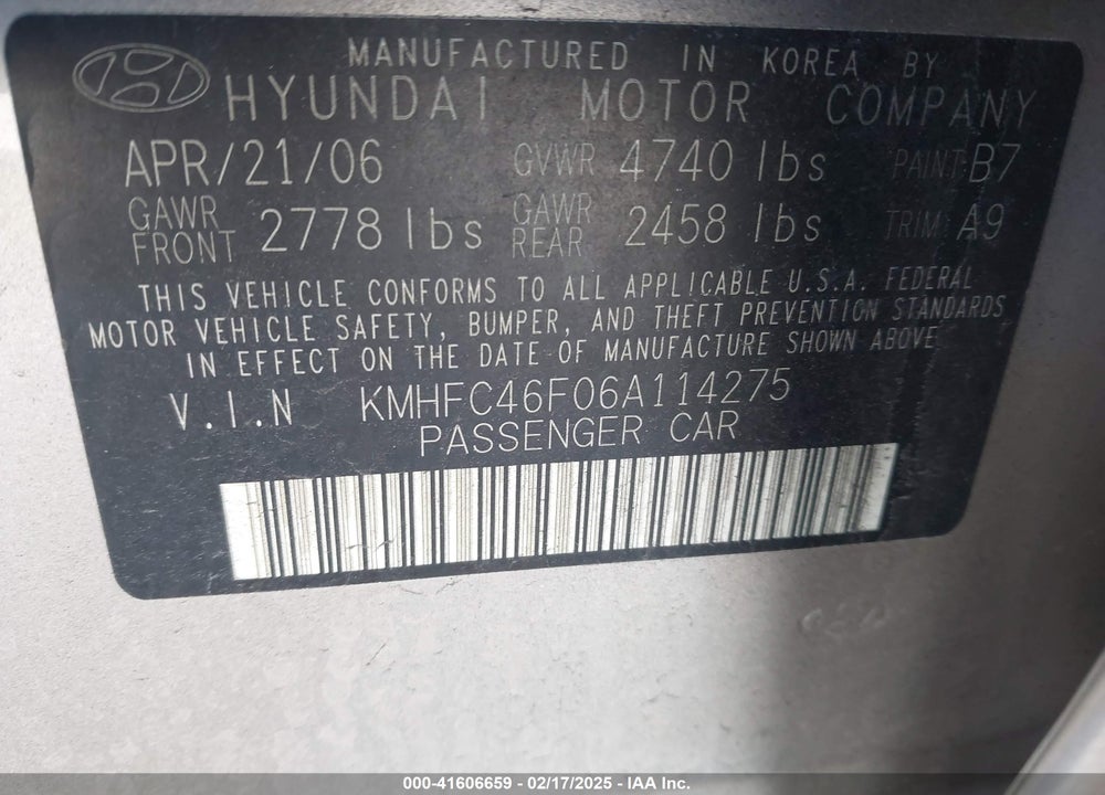 2006 HYUNDAI AZERA LIMITED/SE VIN: KMHFC46F06A114275
