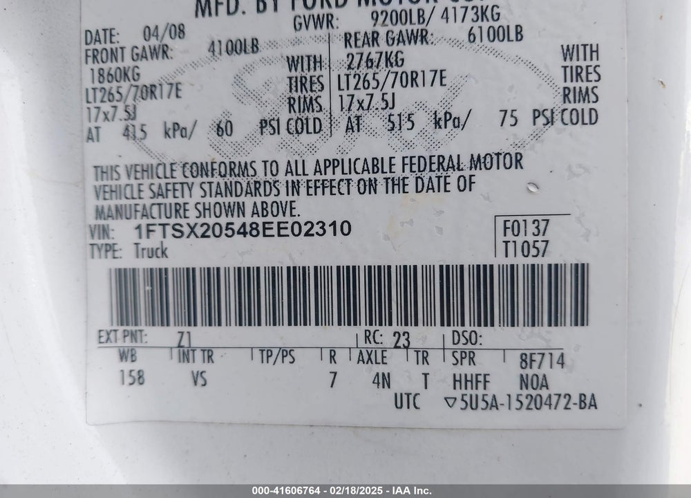 2008 FORD F-250 LARIAT/XL/XLT VIN: 1FTSX20548EE02310