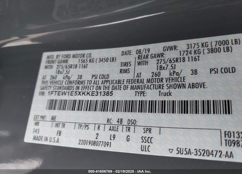 2019 FORD F-150 VIN: 1FTEW1E5XKKE31385