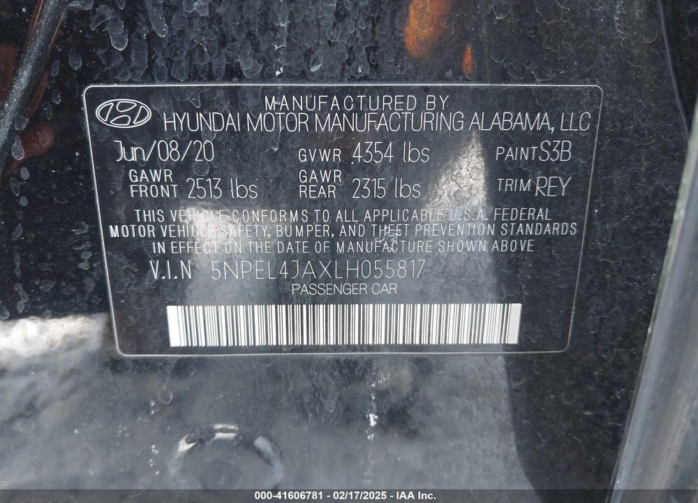 2020 HYUNDAI SONATA SEL VIN: 5NPEL4JAXLH055817