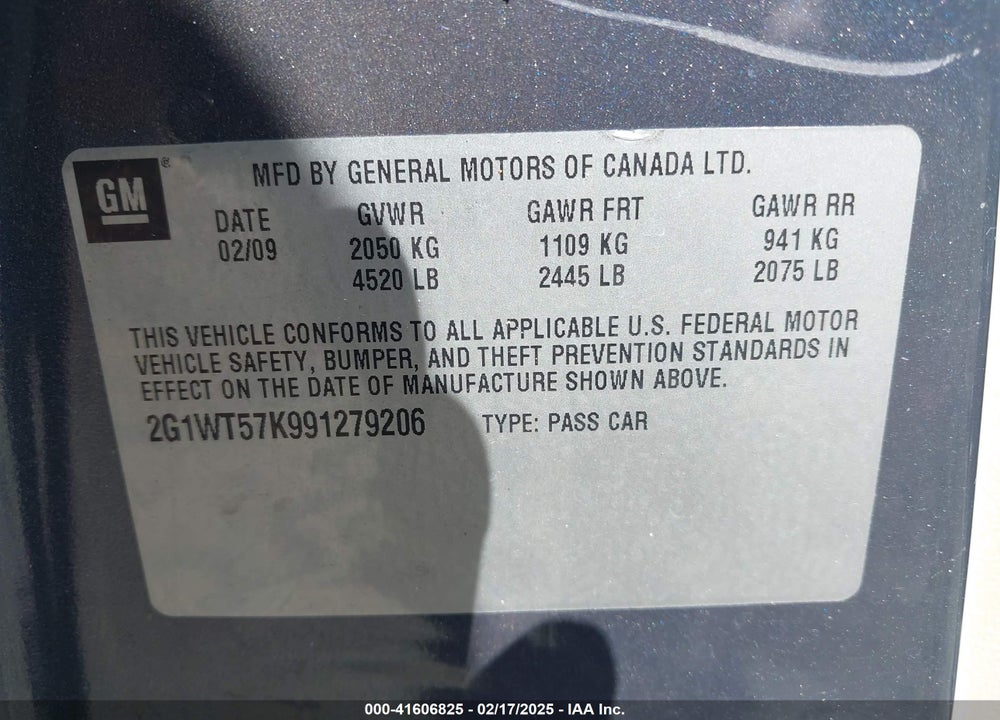 2009 CHEVROLET IMPALA LT VIN: 2G1WT57K991279206