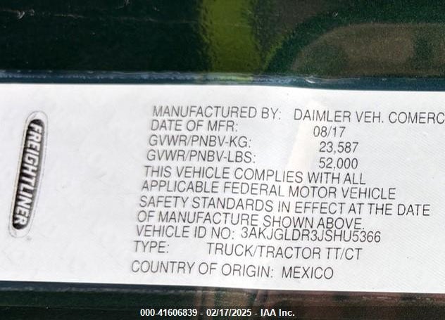 2018 FREIGHTLINER CASCADIA 125 VIN: 3AKJGLDR3JSHU5366