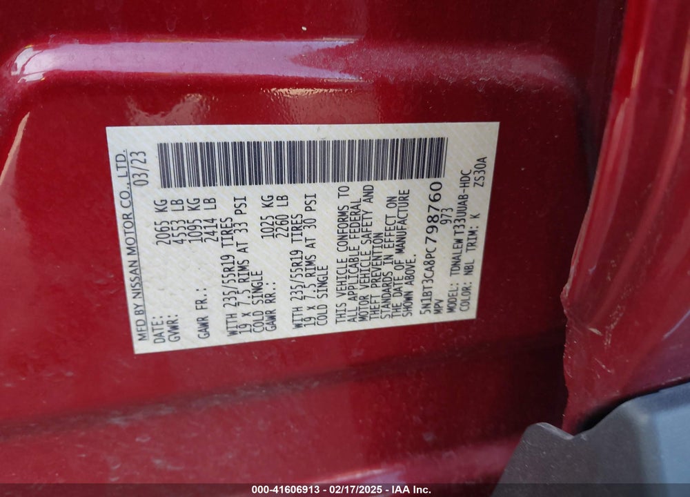 2023 NISSAN ROGUE SL FWD VIN: 5N1BT3CA8PC798760