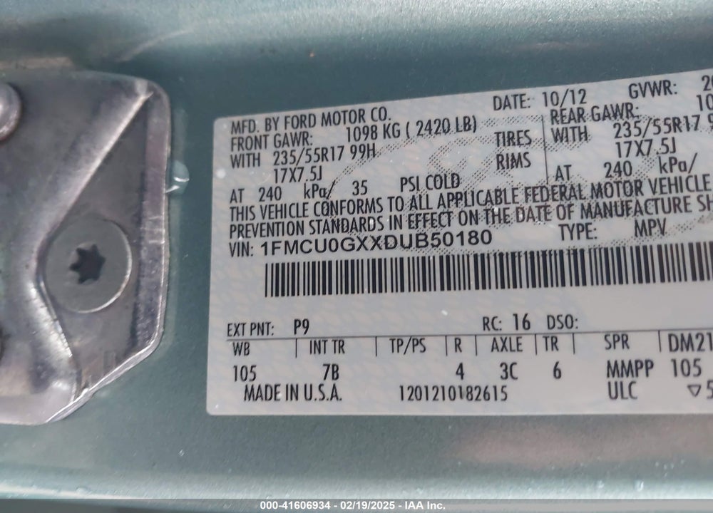 2013 FORD ESCAPE SE VIN: 1FMCU0GXXDUB50180