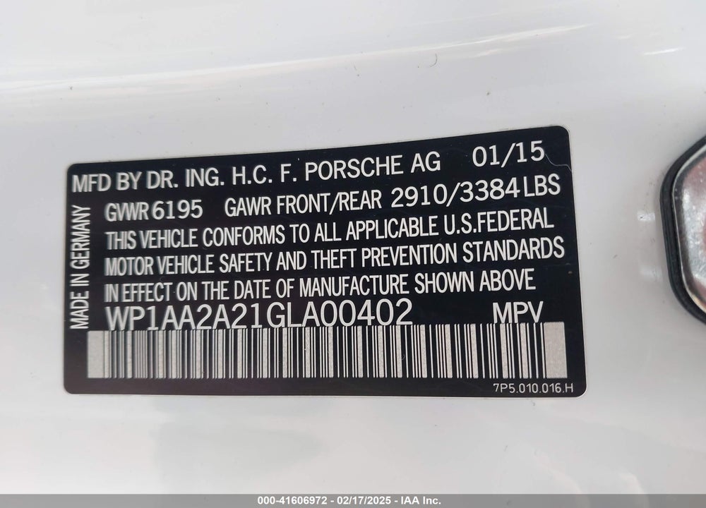 2016 PORSCHE CAYENNE VIN: WP1AA2A21GLA00402