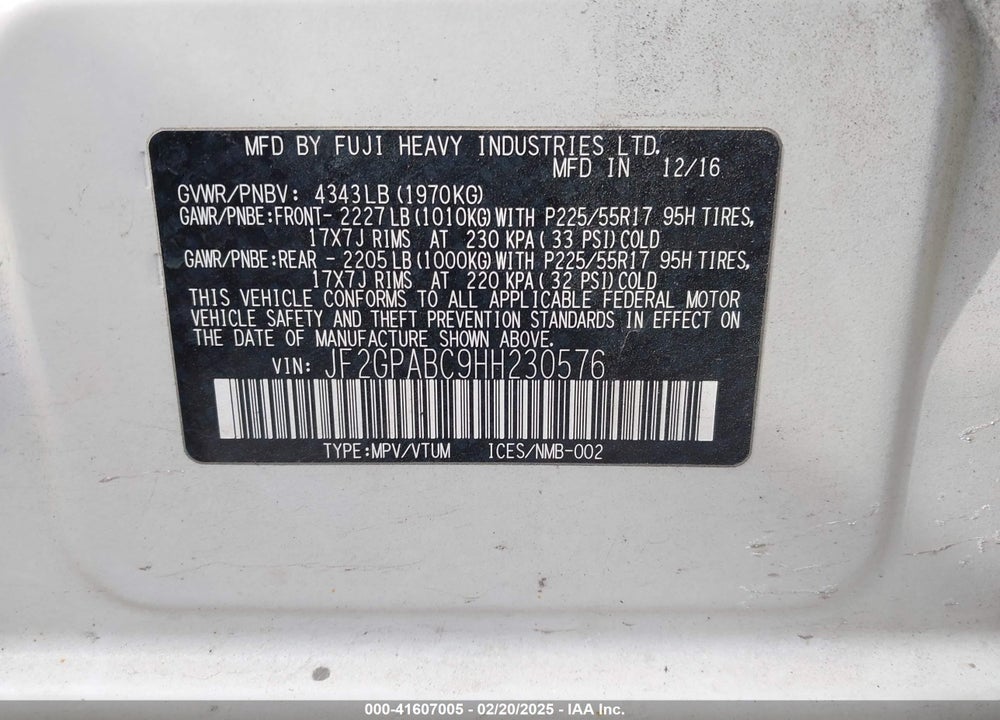 2017 SUBARU CROSSTREK 2.0I PREMIUM VIN: JF2GPABC9HH230576