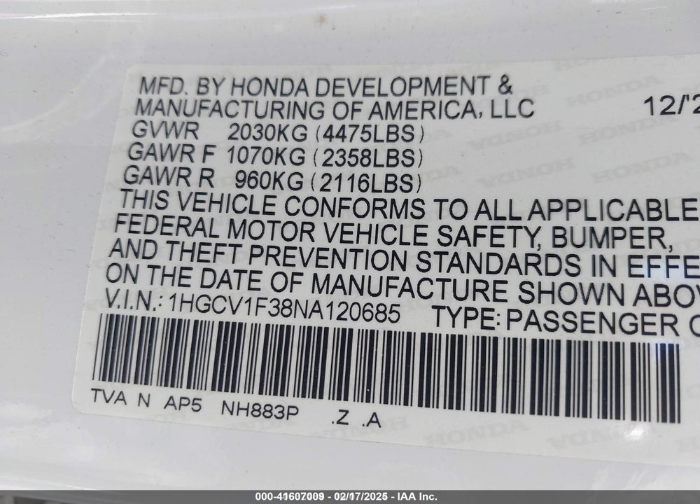 2022 HONDA ACCORD VIN: 1HGCV1F38NA120685