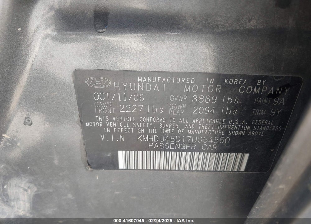 2007 HYUNDAI ELANTRA GLS/LIMITED/SE VIN: KMHDU46D17U054560
