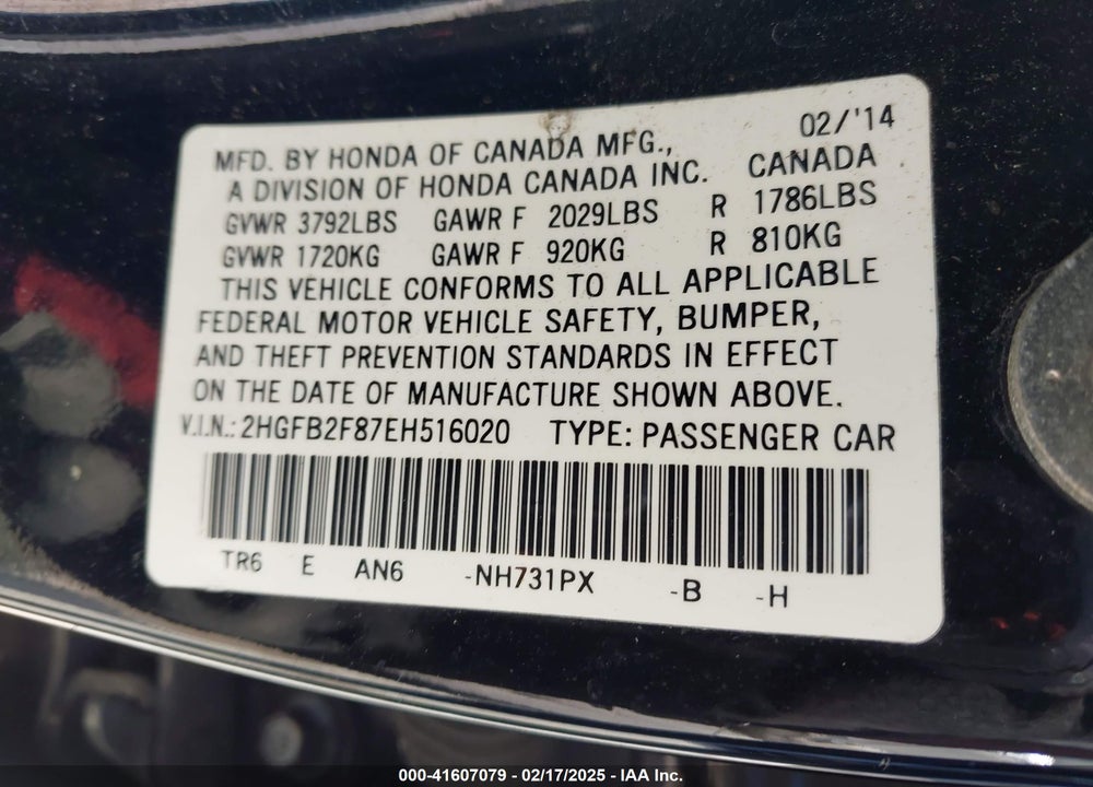 2014 HONDA CIVIC VIN: 2HGFB2F87EH516020